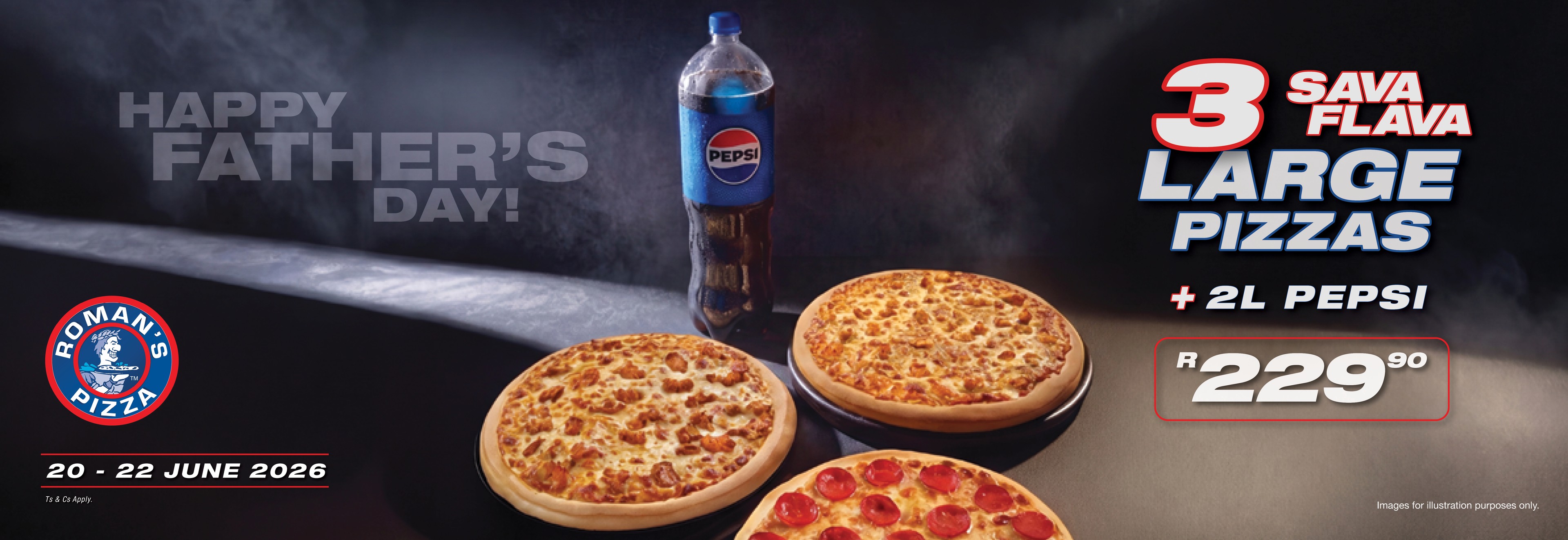 Bring the family together this Father’s Day with 3 Large Sava Flava Pizzas and a 2L Pepsi for only R229.90!